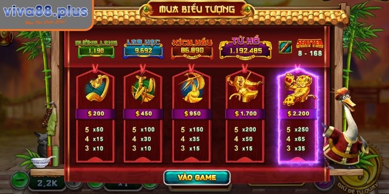 Kungfu Panda Viva88 - Siêu Phẩm Nổ Hũ Châu Á Thưởng Cao 2 Biểu tượng Vũ khí và Đồng đội