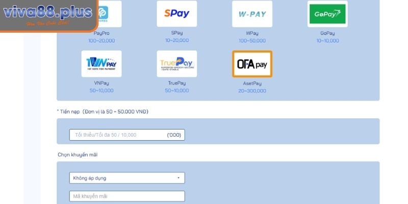 Nạp tiền Viva88 qua ví điện tử và USDT